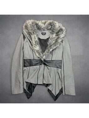 bebe Tweed Coat Jacket Size 10 Grey Black Faux Fur Collar Blazer Vintage